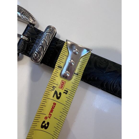 Vintage Omega Western Leather Belt Black Embossed Silver Buckle USA Large main image 6
